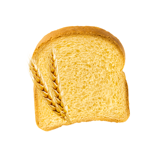 Fetta di pane morbido con farina di grano duro, dal caratteristico colore giallo dorato, parzialmente sormontata da due spighe di grano mature sulla sinistra.