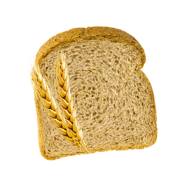 Fetta di pane morbido integrale dal colore marrone chiaro e dall'aspetto rustico, con due spighe di grano dorate sovrapposte sul lato sinistro.