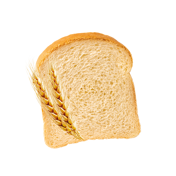 Fetta di pane morbido bianco classico, con mollica chiara e soffice, decorata sul lato sinistro con due spighe di grano dorate.