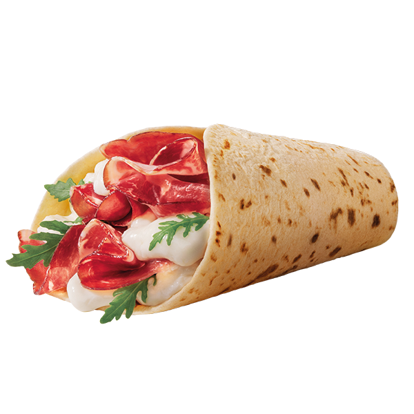 Piadina arrotolata con bresaola, rucola e formaggio fresco spalmabile.