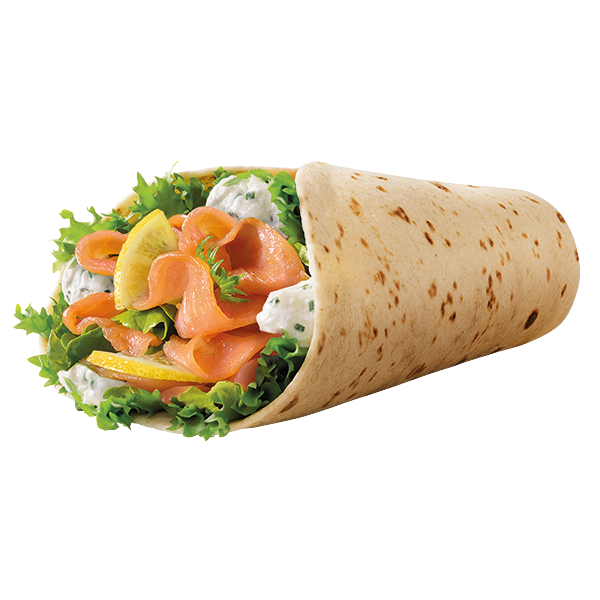 Piadina arrotolata con salmone affumicato, insalata riccia, fette di limone e mousse di formaggio alle erbe.