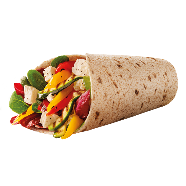 Piadina integrale arrotolata con verdure grigliate, feta e spinaci freschi.