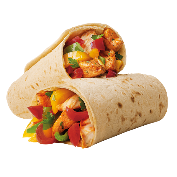 Due tortilla wraps farcite con pollo speziato e peperoni colorati.